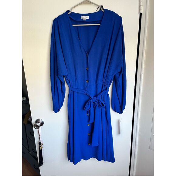 Calvin Klein Size 12 Long Sleeve Knee Length Blue Button Down Pockets NEW - Picture 1 of 7